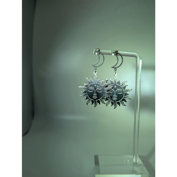 Celestial Sun and Moon Earrings, Stainless Steel Dangle Stud Earrings - Picture 3 of 15